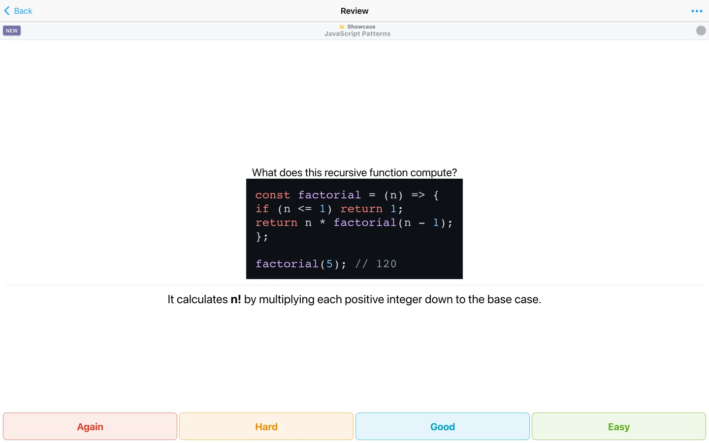 JavaScript flashcard with syntax-highlighted code and explanation