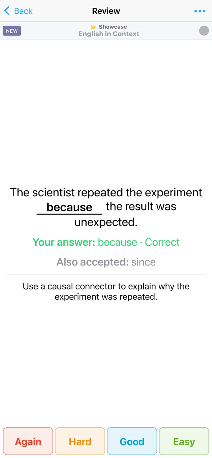 Fill-in-the-blank flashcard showing a correct typed answer