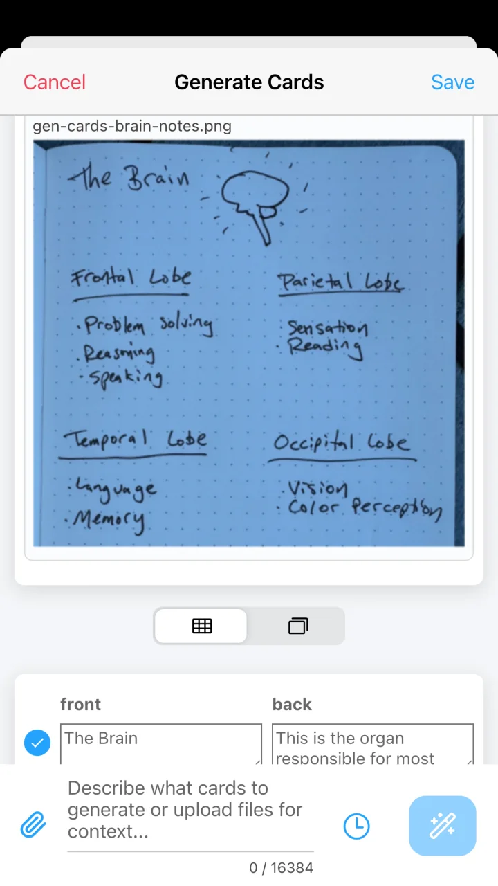 AlgoApp AI card generator using a photo of handwritten brain notes