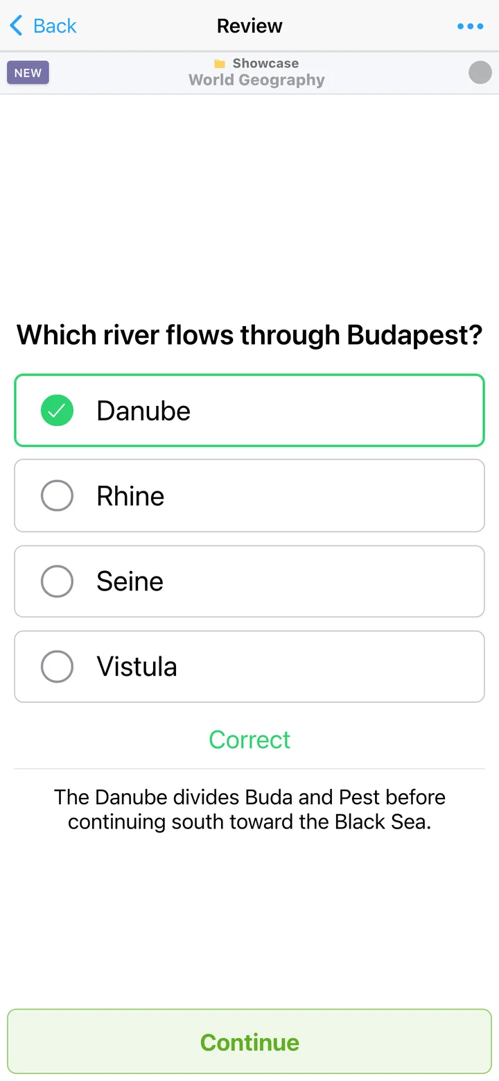 Multiple-choice geography card showing the correct answer and explanation